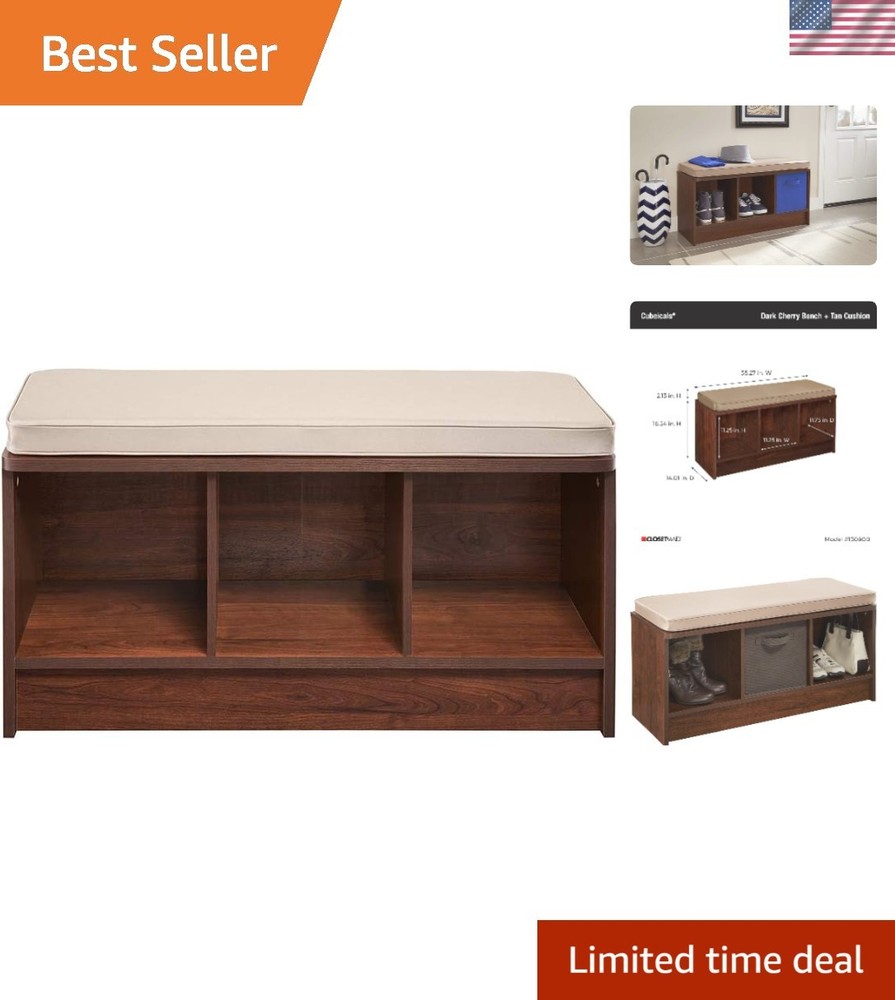 Functional 3-Cube Storage Bench in Dark Cherry with Tan Cushion - Easy Assembly