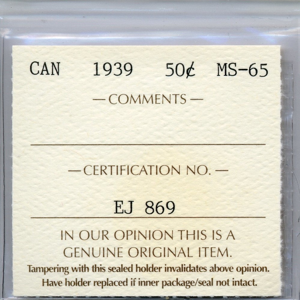 1939 Canada 50 Cent - Gem Uncirculated, ICCS MS 65
