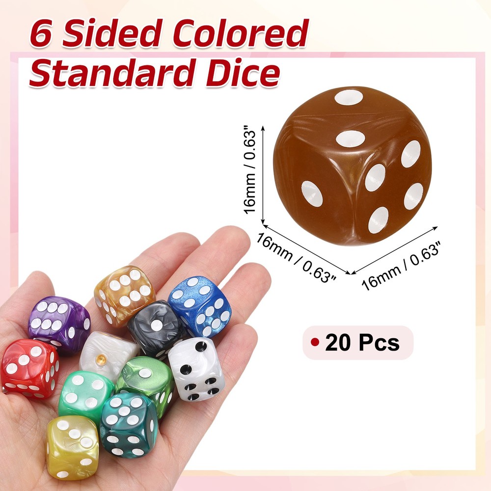 20pcs D6 Brown Acrylic Dice, 6 Colored Sides, Pearl Pattern