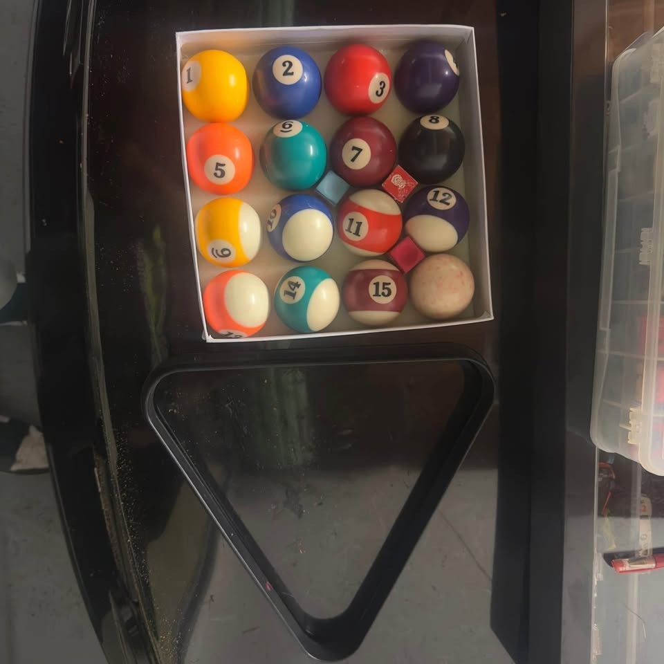 pool ball set with triangle and Chalk