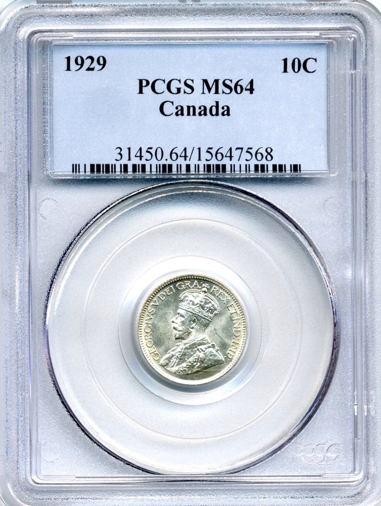 1929 Canada 10 Cent - Choice Uncirculated, PCGS MS 64