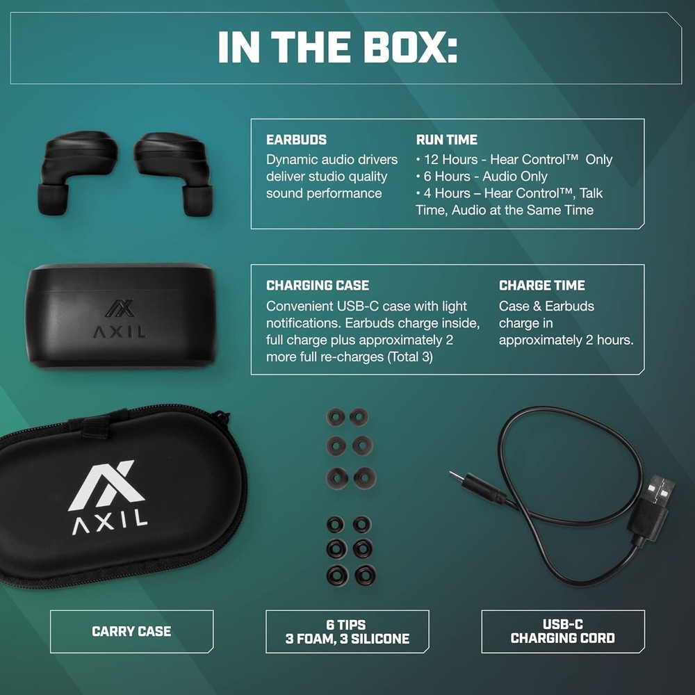AXIL XCOR PRO Wireless Tactical Earbuds w/ Bluetooth & Touch Controls, Black