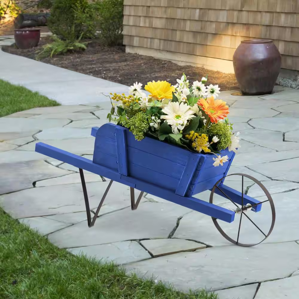 Wood Wagon Planter Decorative Indoor/Outdoor Rustic Flower Cart with Wheel Blue