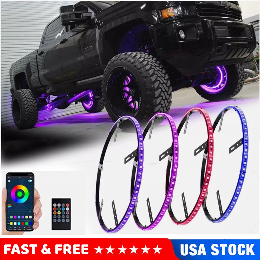 4pcs 15.5'' RGB Wheel Ring Light LED Kit For Truck Car Rim Light Bluetooth APP