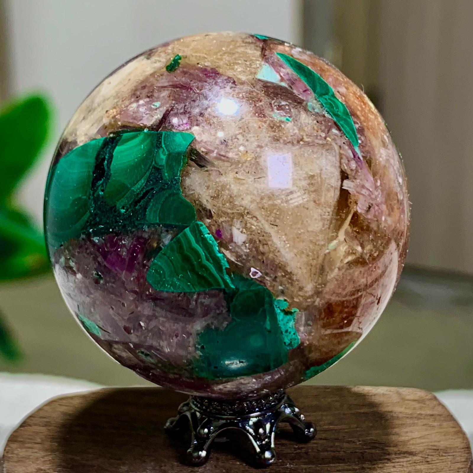 102G Newly discovered rare malachite purple mica symbiotic sphere restoration