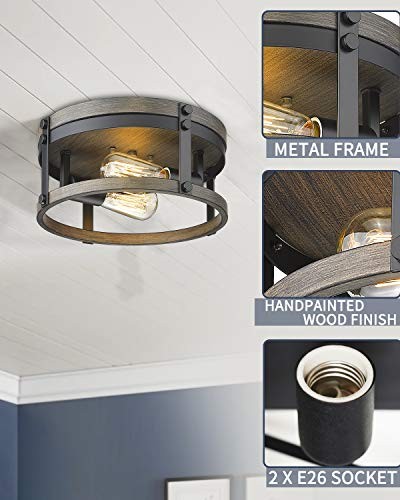2-Light Farmhouse Flush Mount Ceiling Light, 12 inch Kitchen Ceiling Black