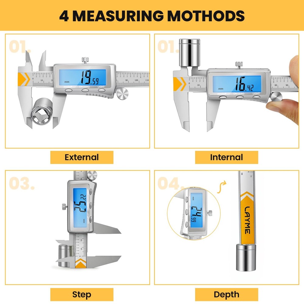 Digital Caliper Rechargeable Measuring Tool Backlight LCD Stainless Vernier
