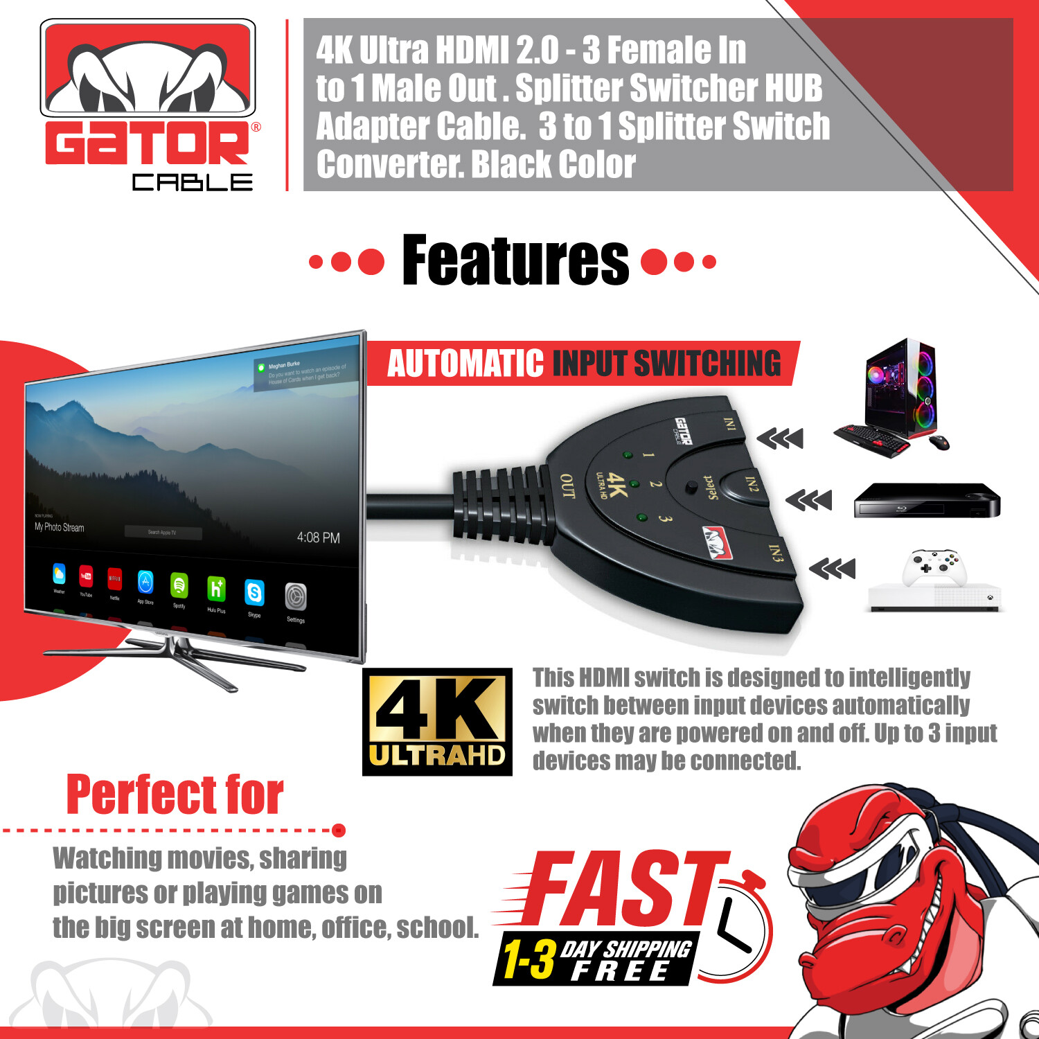 4K HDMI 2.0 Cable Auto Switch Switcher Splitter Adapter 3 In to 1 Out Devices