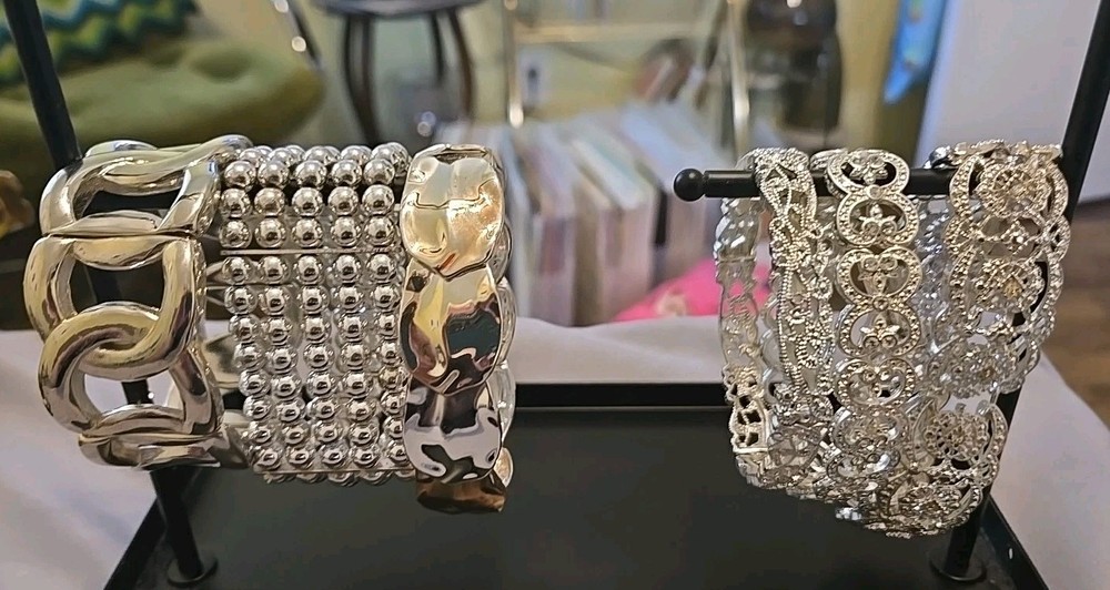 6 Vintage Silver Tone Stretch Bracelets