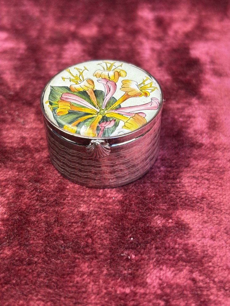 A Lovely Thistle & Bee Solid Silver and Enamel Pill Box. Honeysuckle Pattern.