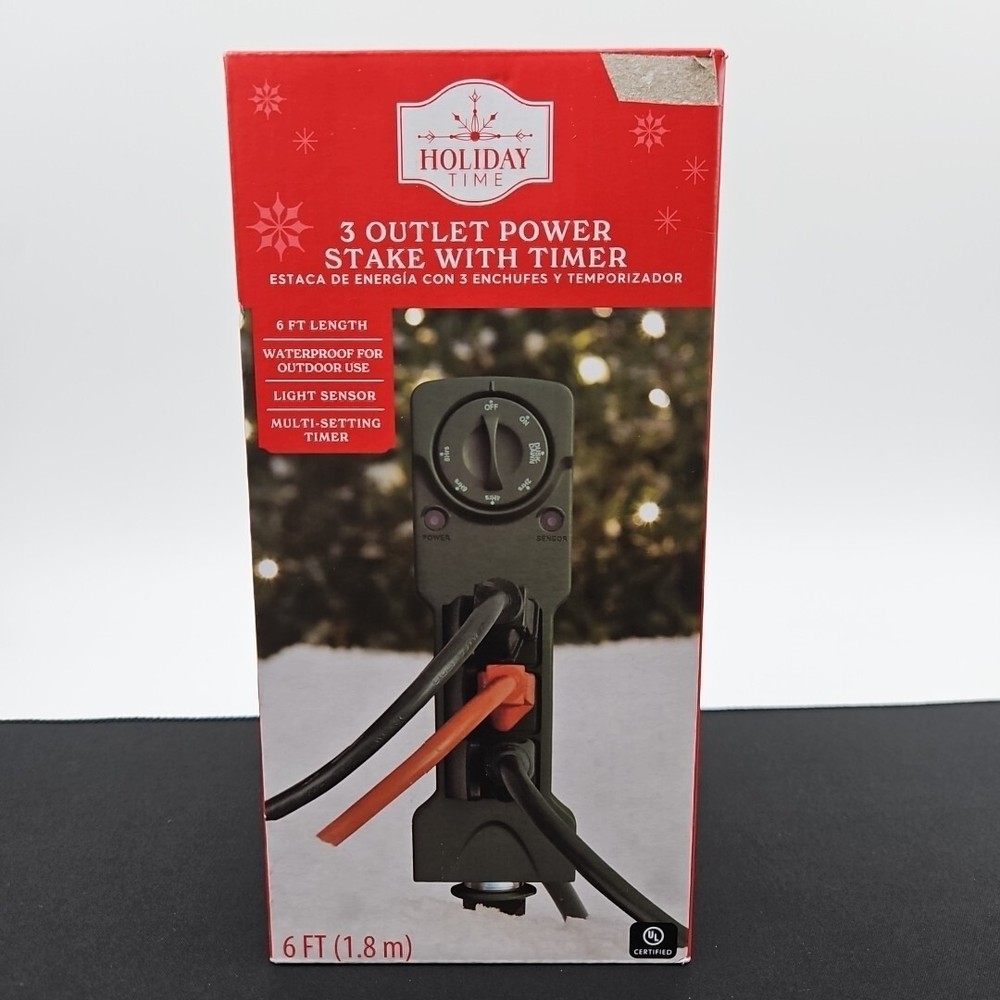 Holiday Time 3 Outlet Power Stake with Timer 6 Ft Cord Light Sensor