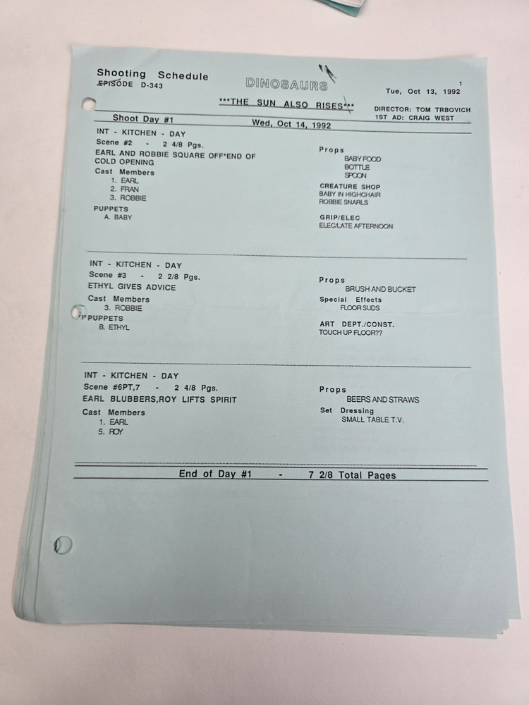 DINOSAURS / Dave Caplan 1992 TV Script, Jim Henson "The Son Also Rises"
