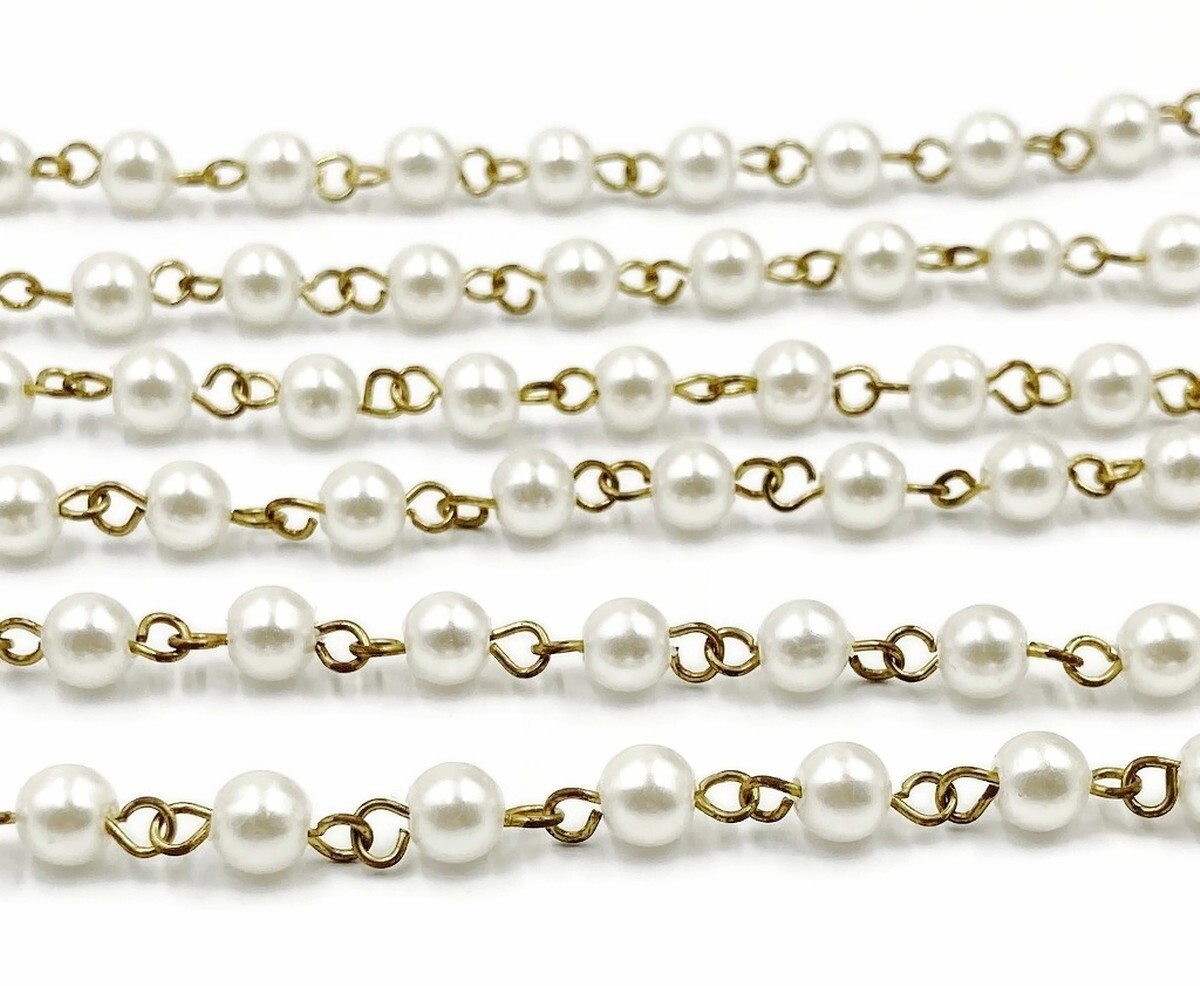 3 FEET VINTAGE HONG KONG WHITE PEARL 6mm BEADED BRASS ROSARY LINK CHAIN 1058-6mm