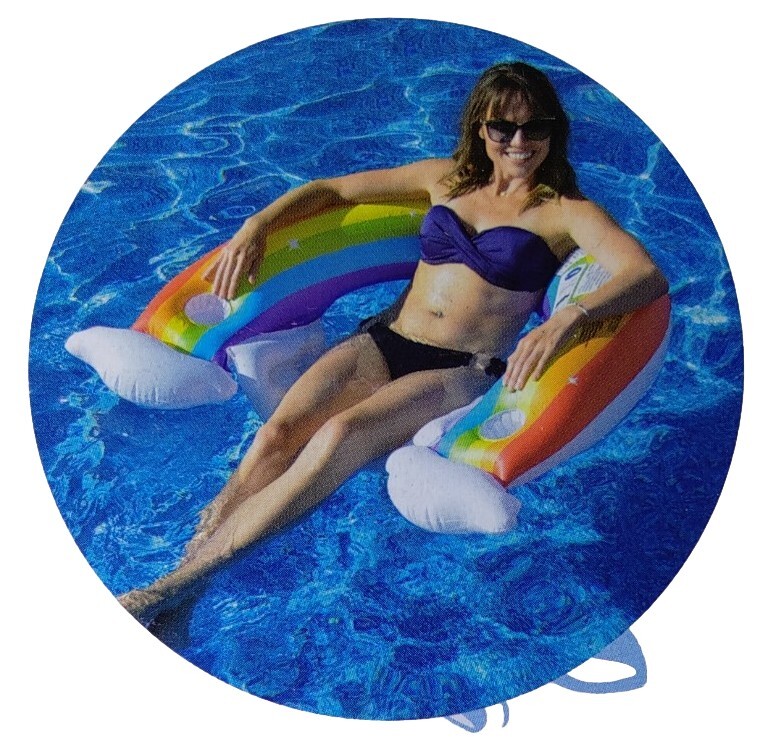 Inflatable Rainbow Pool Float with Seat and 2 Cup Holders