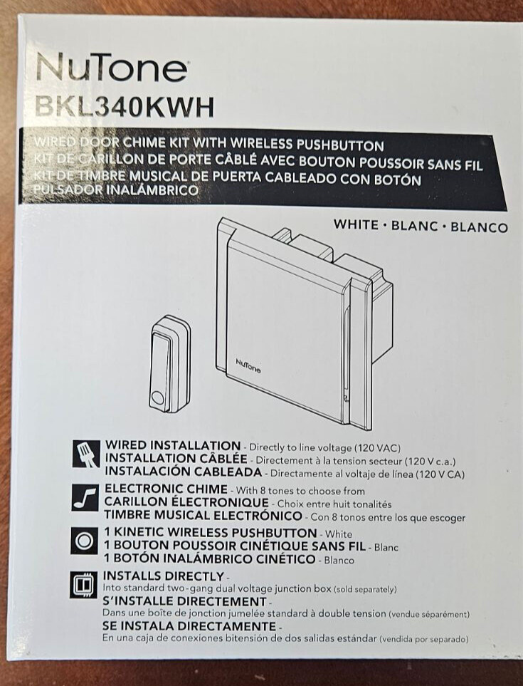 Nutone BKL340KWH Wired Doorbell w/ Wireless Pushbutton, Chime Kit - WHITE
