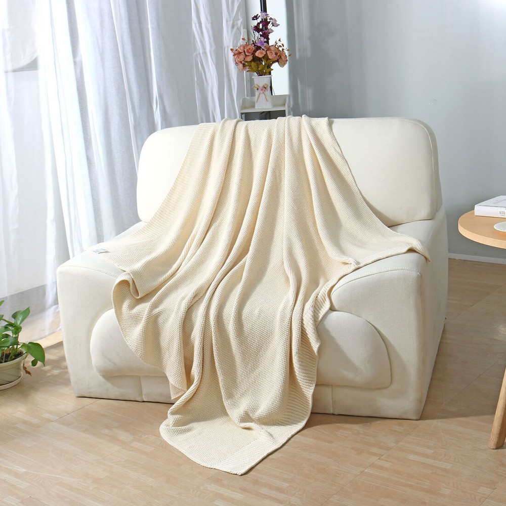 Soft 100% Cotton Solid Decorative Knitted Sofa / Bed Throw Blanket in 14 Colours