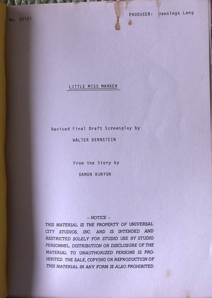 1979 Little Miss Marker Revised Final Draft Original Screenplay Script