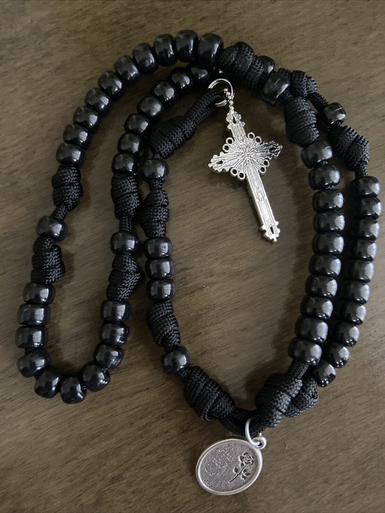 St. Michael Catholic Rosary- Paracord Rosary- Black Beads Rosary - Handmade
