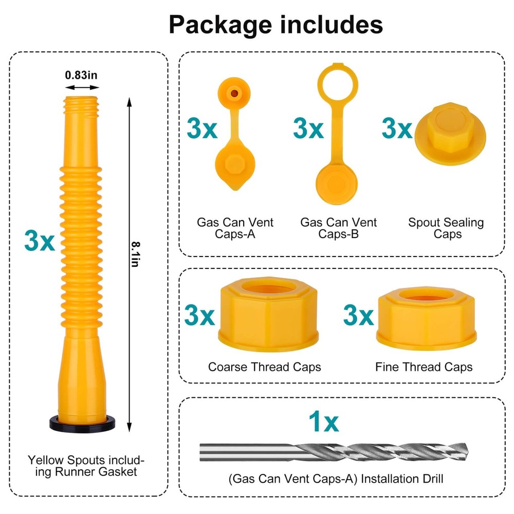 Gas Can Spout Replacement Kit with Multiple Thread Caps and Flexible Nozzle