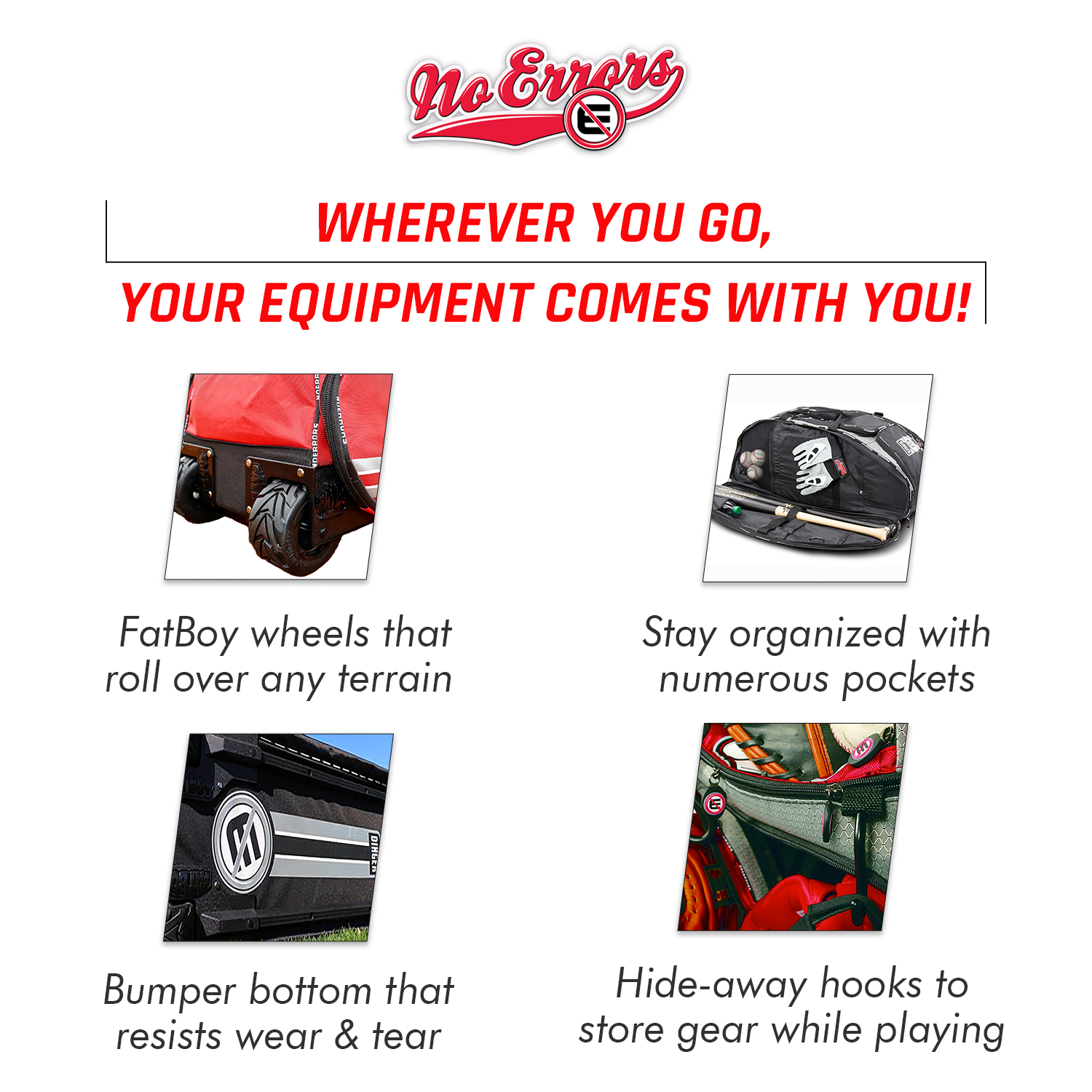 No Error Sports Dinger Baseball Bat Bag with Wheels -15 pocket baseball gear bag