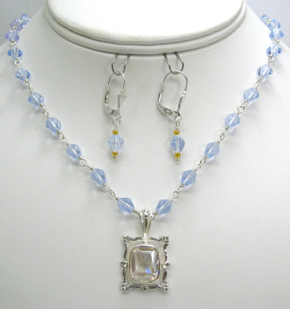 925 SOLID Sterling Silver Crystal Pendant Blue Crystal Link Necklace Earring Set