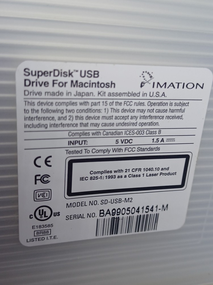 Imation Super Disk USB Drive for Macintosh Model SD-USB-M2 - UNTESTED