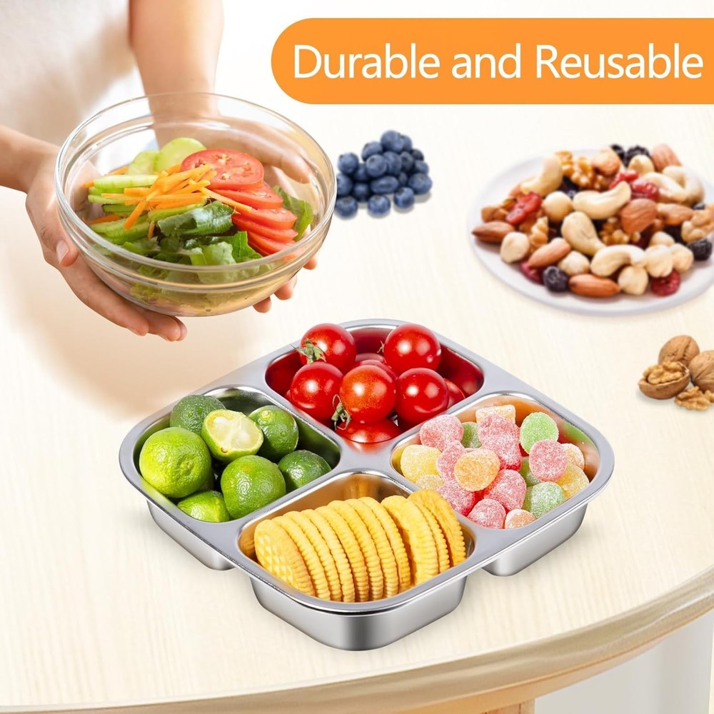 2 Pack Stainless Steel Snack Containers 4 Compartment Lunch Containers With Lids