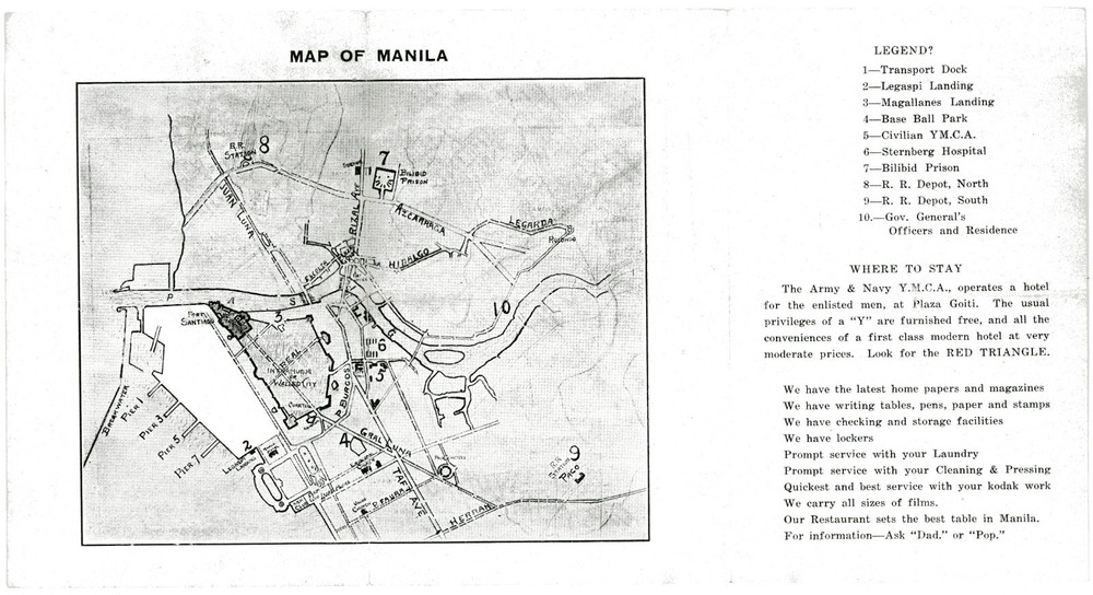 1920s U.S. Army & Navy YMCA Manila, PI Map & Guide #8A