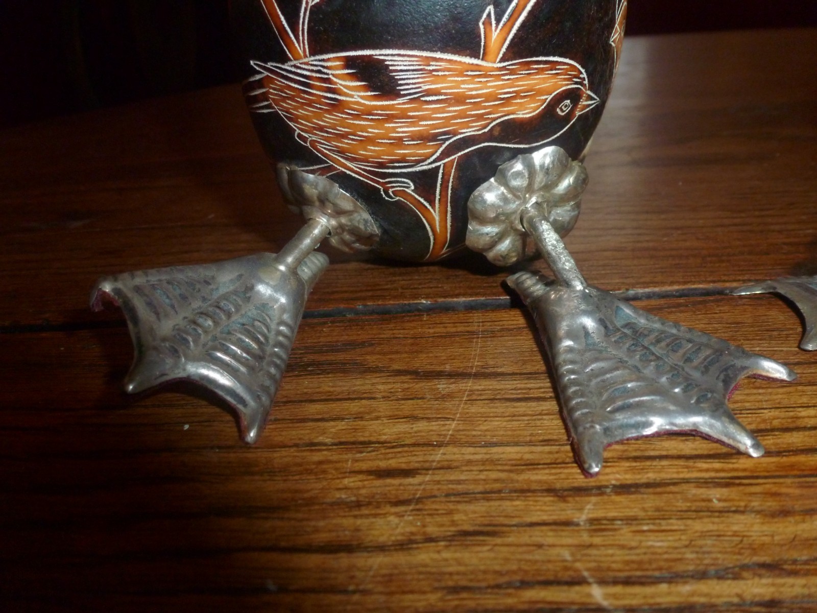 Sterling Silver 925 Vintage Hand-Carved Peruvian Gourd Art Duck