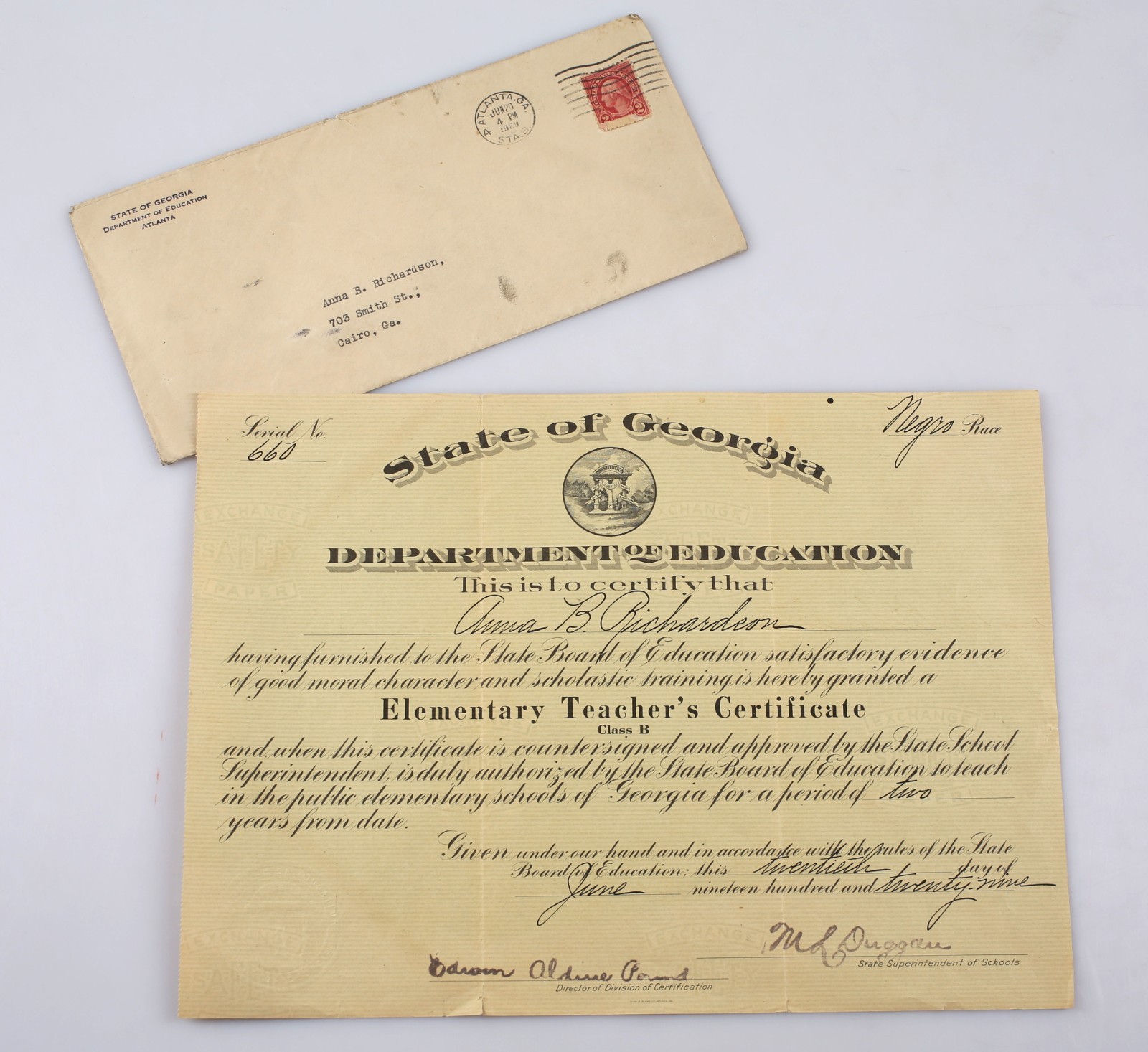 1929 Georgia Department of Education African American Teacher License Tuskegee