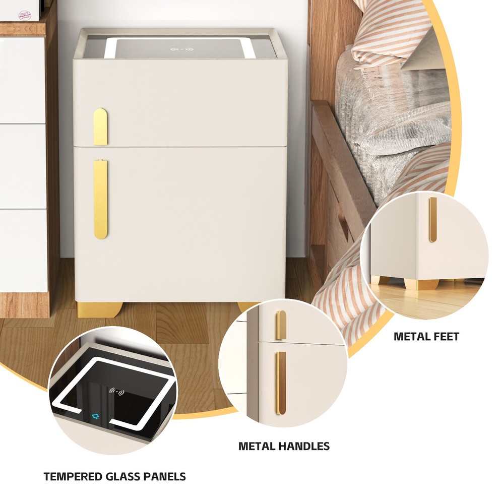 Cream White Smart Nightstand | Safe, Wireless Charging, RGB Light