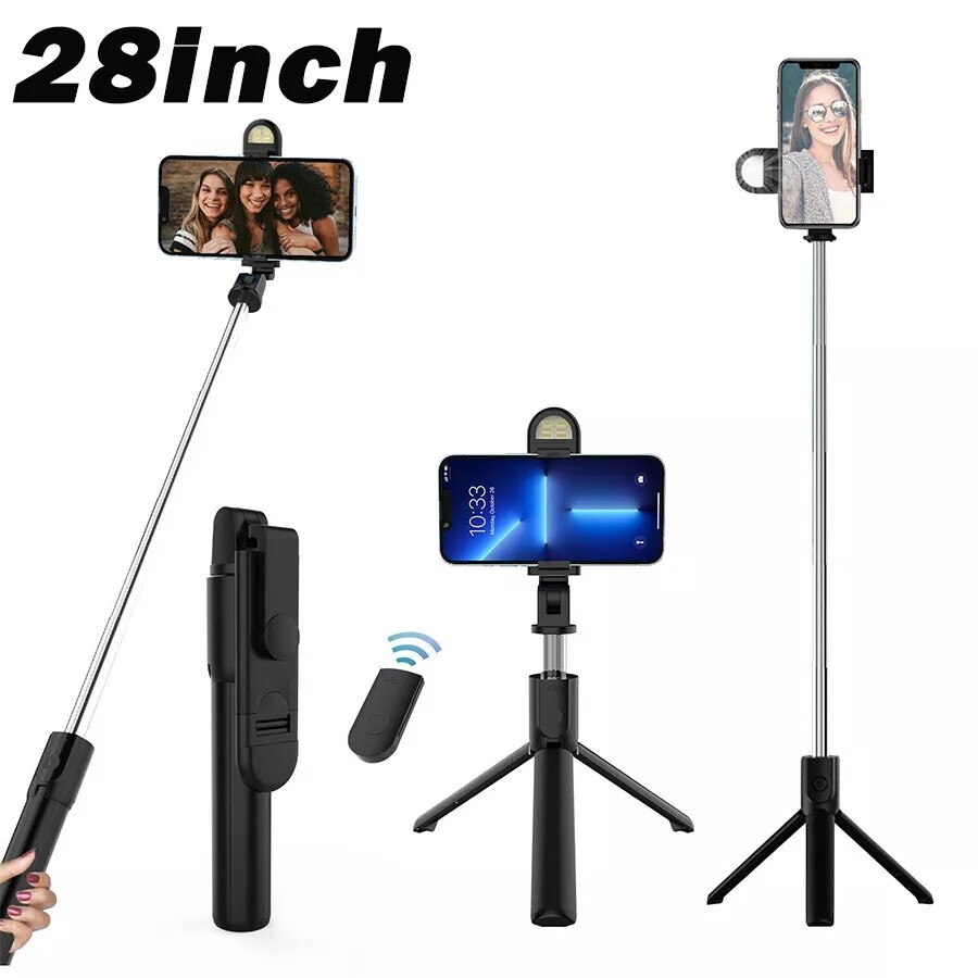 Compact expandable mobile selfie stick tripod wireless Bluetooth remote control