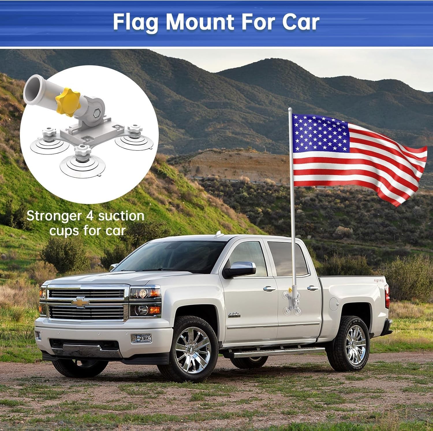 No-Drill Car Flag Pole Holder - Adjustable Angle & Multi-Suction Flag Mount