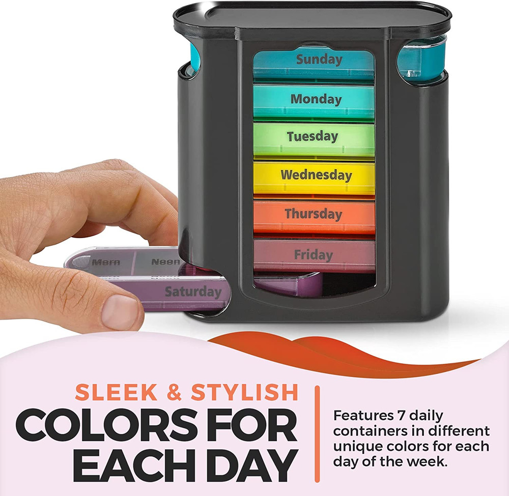 Weekly Pill Organizer, 1 Dispenser, 7 Stackable Compartments Four Times-A-Day -