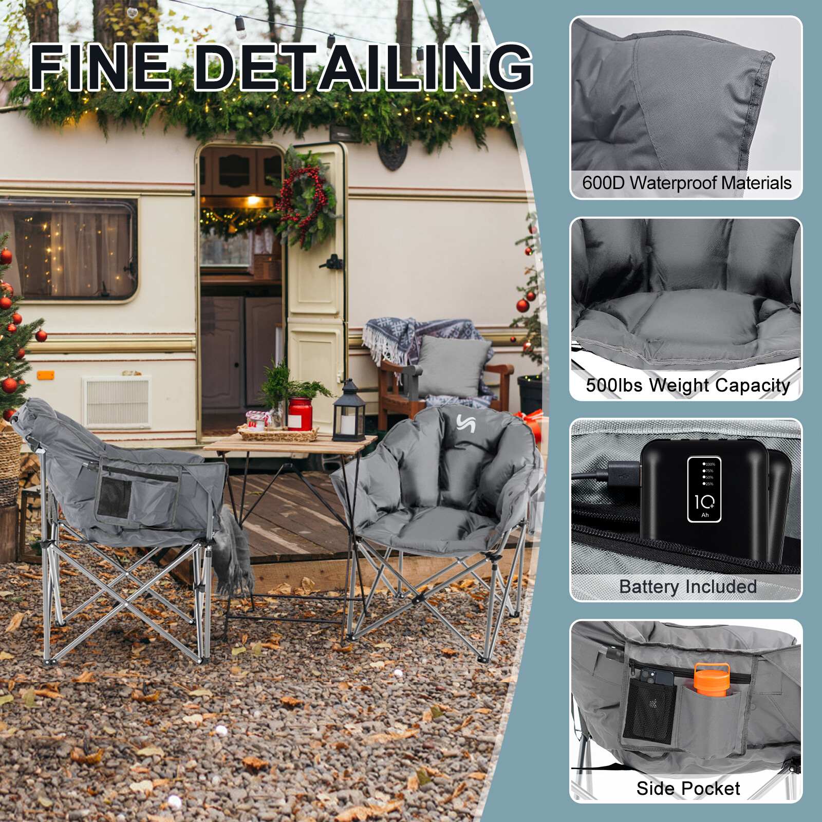 NAIZEA Heated Camping Chair With 2*10000mAh Power Bank Oversized Folding Chair