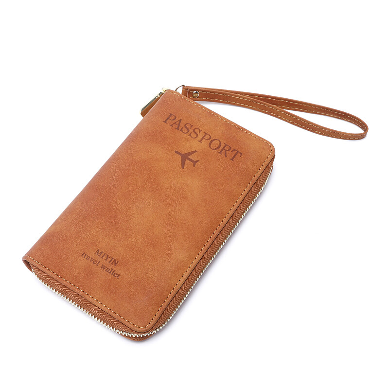 RFID Leather Travel Passport Case Cover Zipper Wallet Card Holder with Wristband