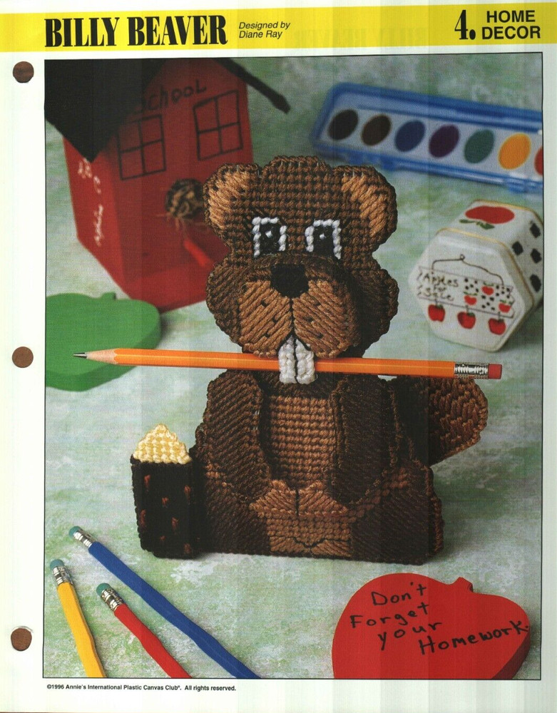 NEW BILLY BEAVER PENCIL PEN HOLDER ANNIE'S PLASTIC CANVAS PATTERN INSTRUCTIONS