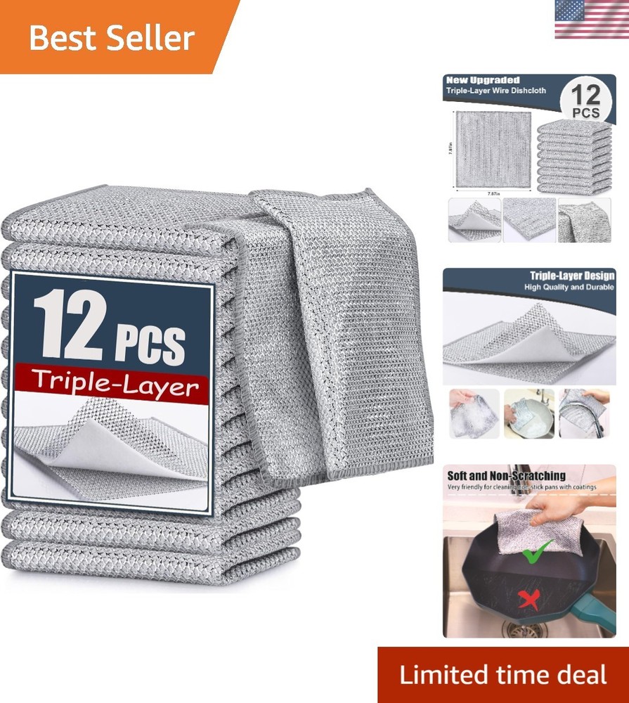12 Pack Steel Wire Dishcloth Set - Triple-Layer, Non-Scratch, Long Lasting