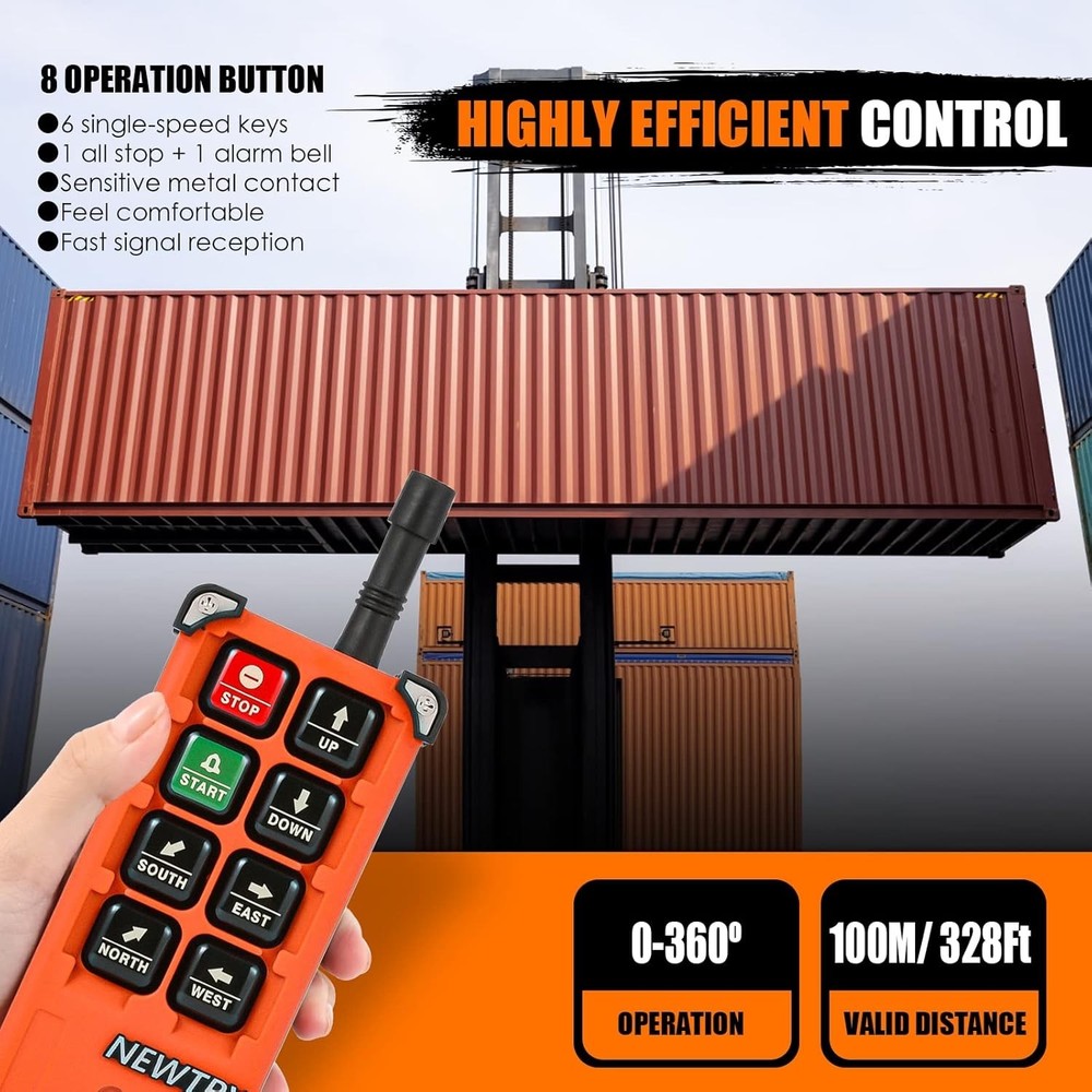 Ergonomic 8 Button Wireless Crane Remote Control - 100m Range, Rechargeable
