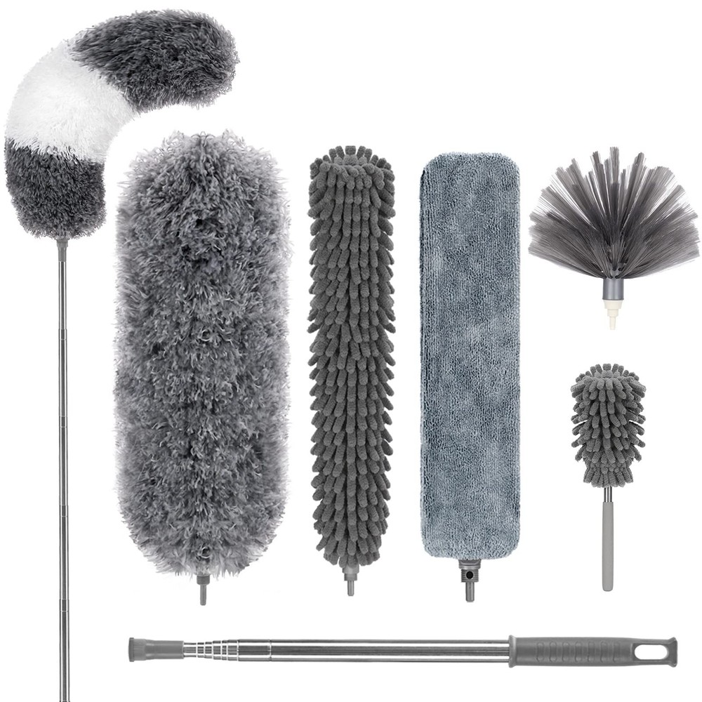 7 PCS Microfiber Feather Duster Set, Washable Bendable Cobweb Cleaner with 100"