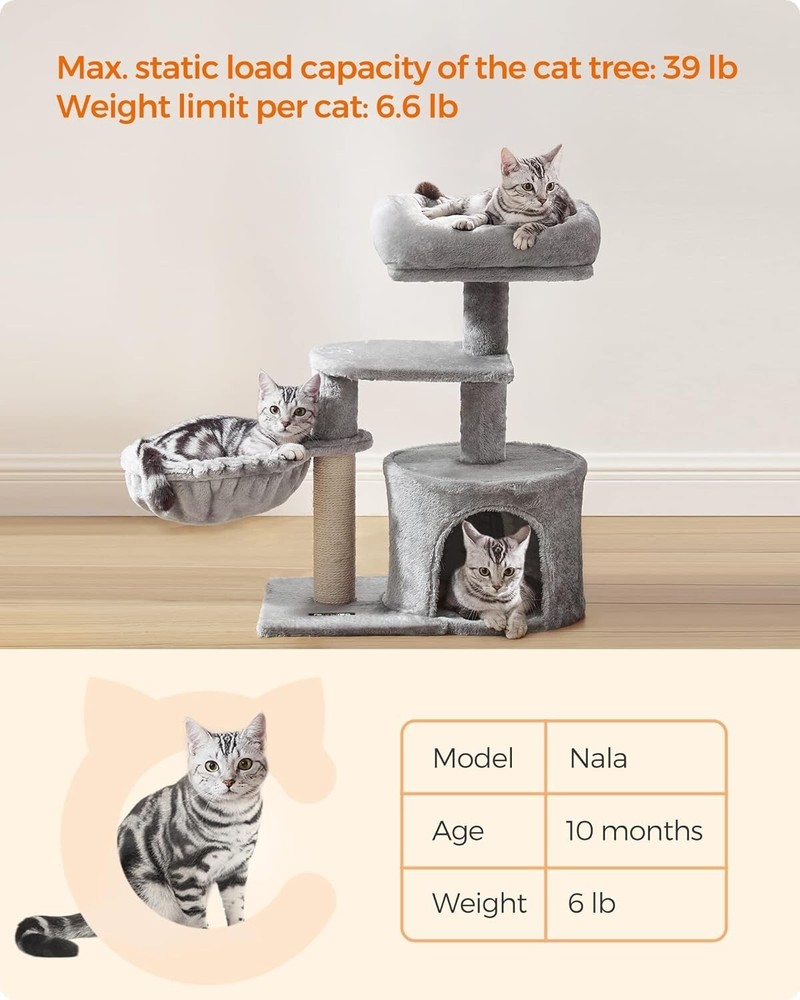 Small Cat Tree - Scratching Post - Basket - Cave - Light Gray - Compact Size