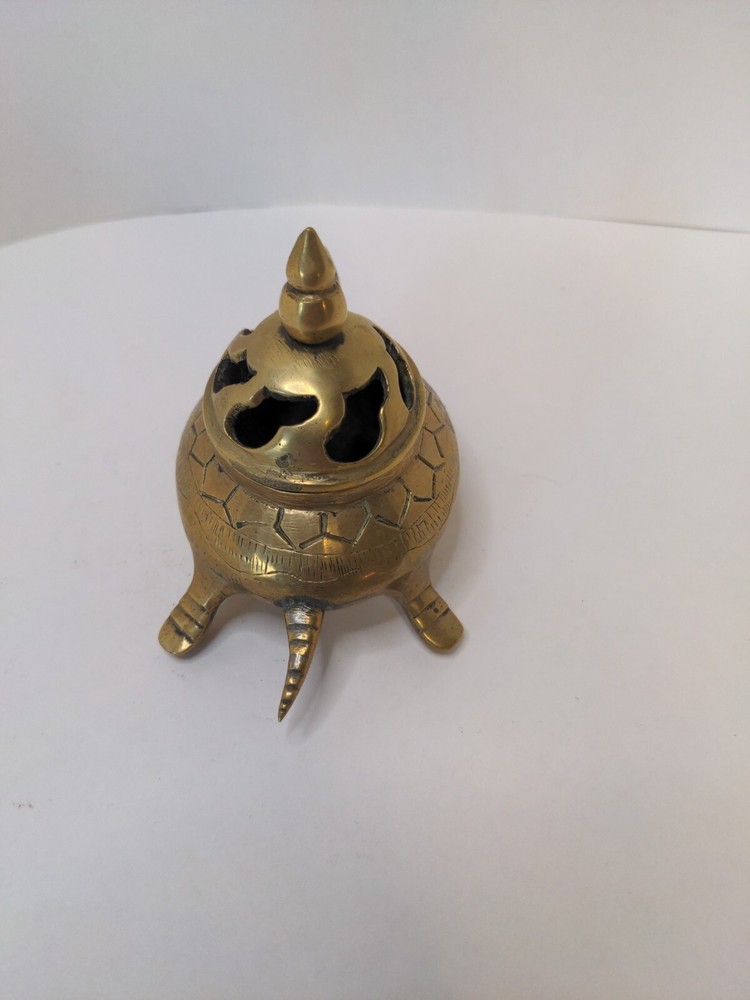 Vintage Small Heavy Solid Brass Engraved Turtle Incense Burner With Lid