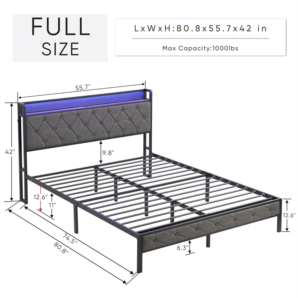 Full Size LED Bed Frame with Headboard & USB Ports Upholstered Platform Bed US