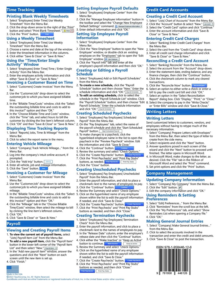 QuickBooks Pro 2023 Training Guide Quick Reference Card 4 Page Cheat Sheet