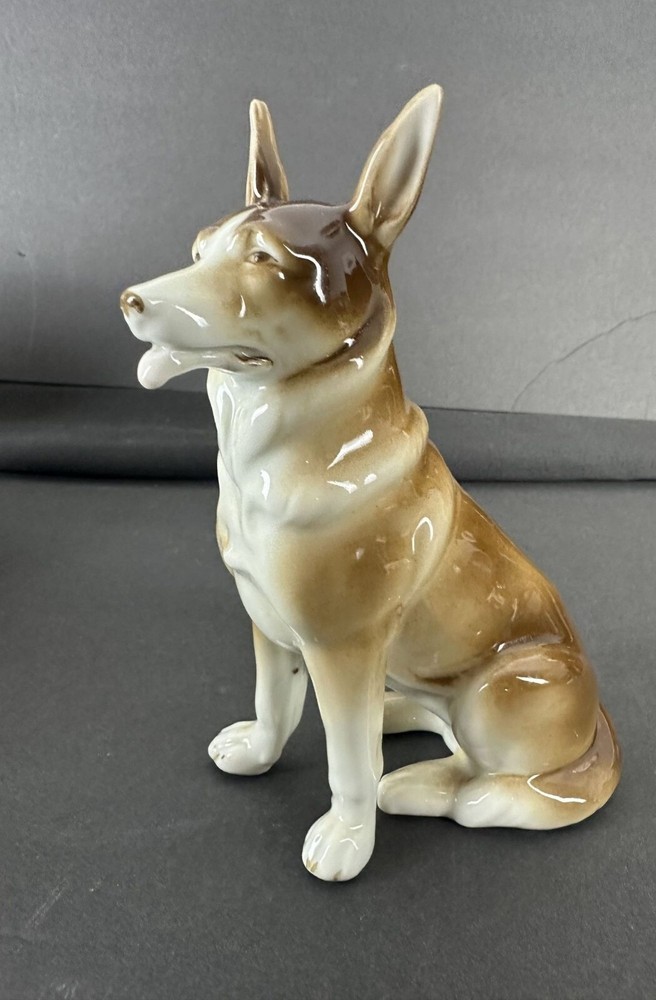 Vintage German Shepherd Ceramic Figurine - Hand-Painted Brown & White Sitting Do