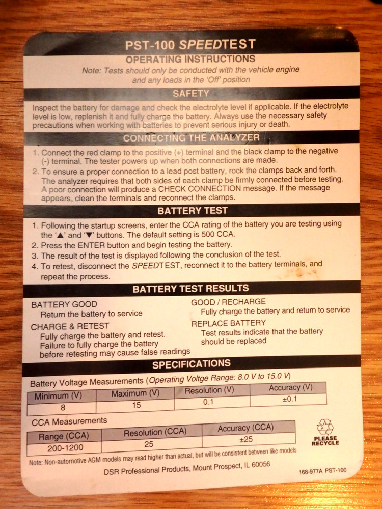 DSR # PST-100 SPEED TEST BATTERY ANAYLIZER 12 Volt