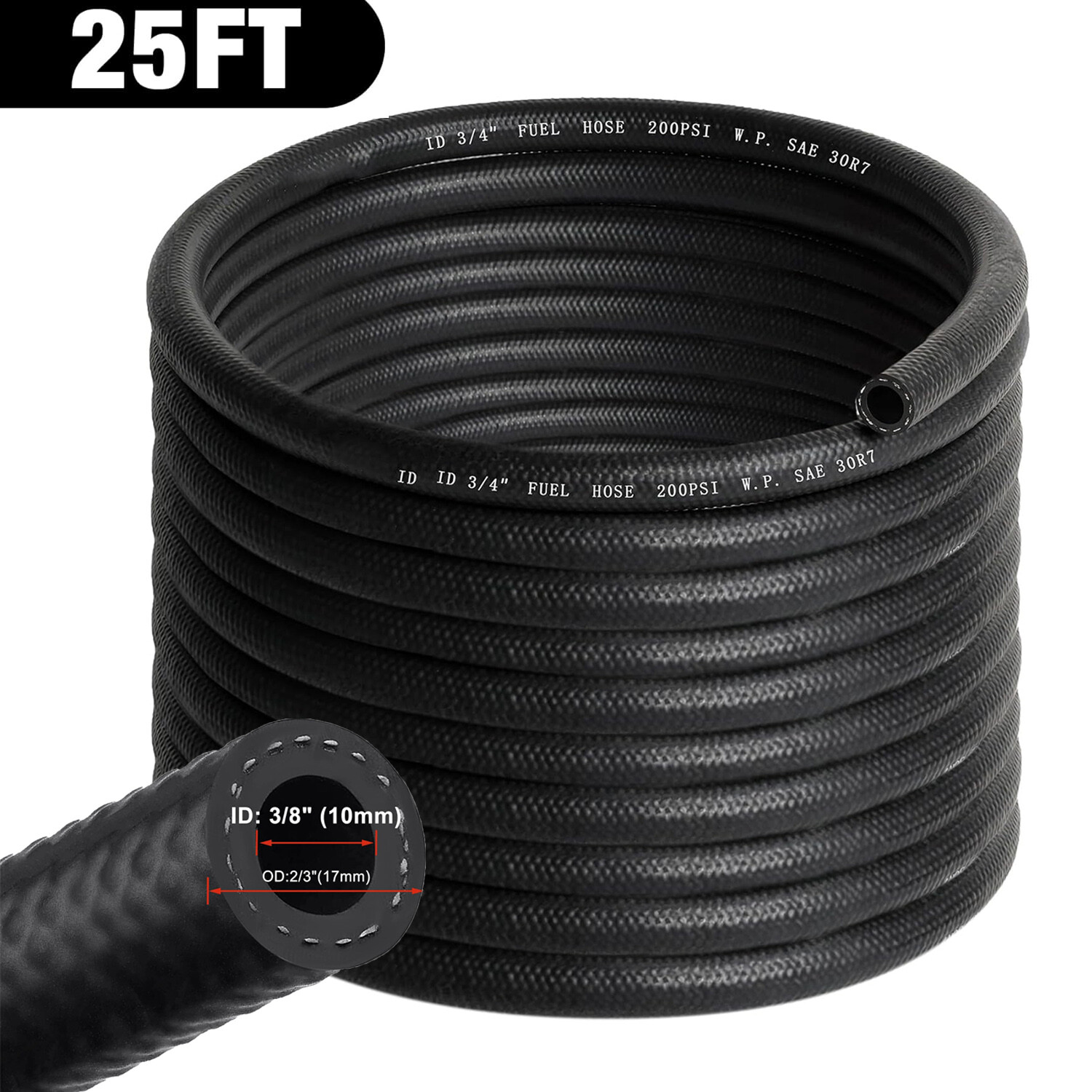 SPELAB 25FT Fuel Hose Line 3/8" ID Push Lock NBR Rubber SAE 30R7 300PSI