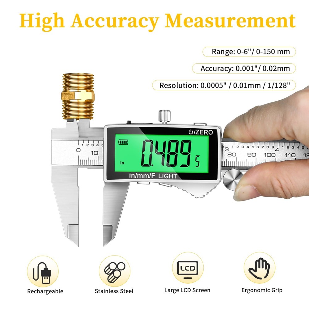 Rechargeable Digital Caliper 6 Inch, Large Backlit LCD Display, Stainless Ste...