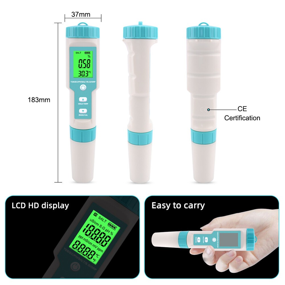 Portable Digital Water Quality Meter Tester LCD PH/TDS/EC/ORP/TEMP/SG/Salinity