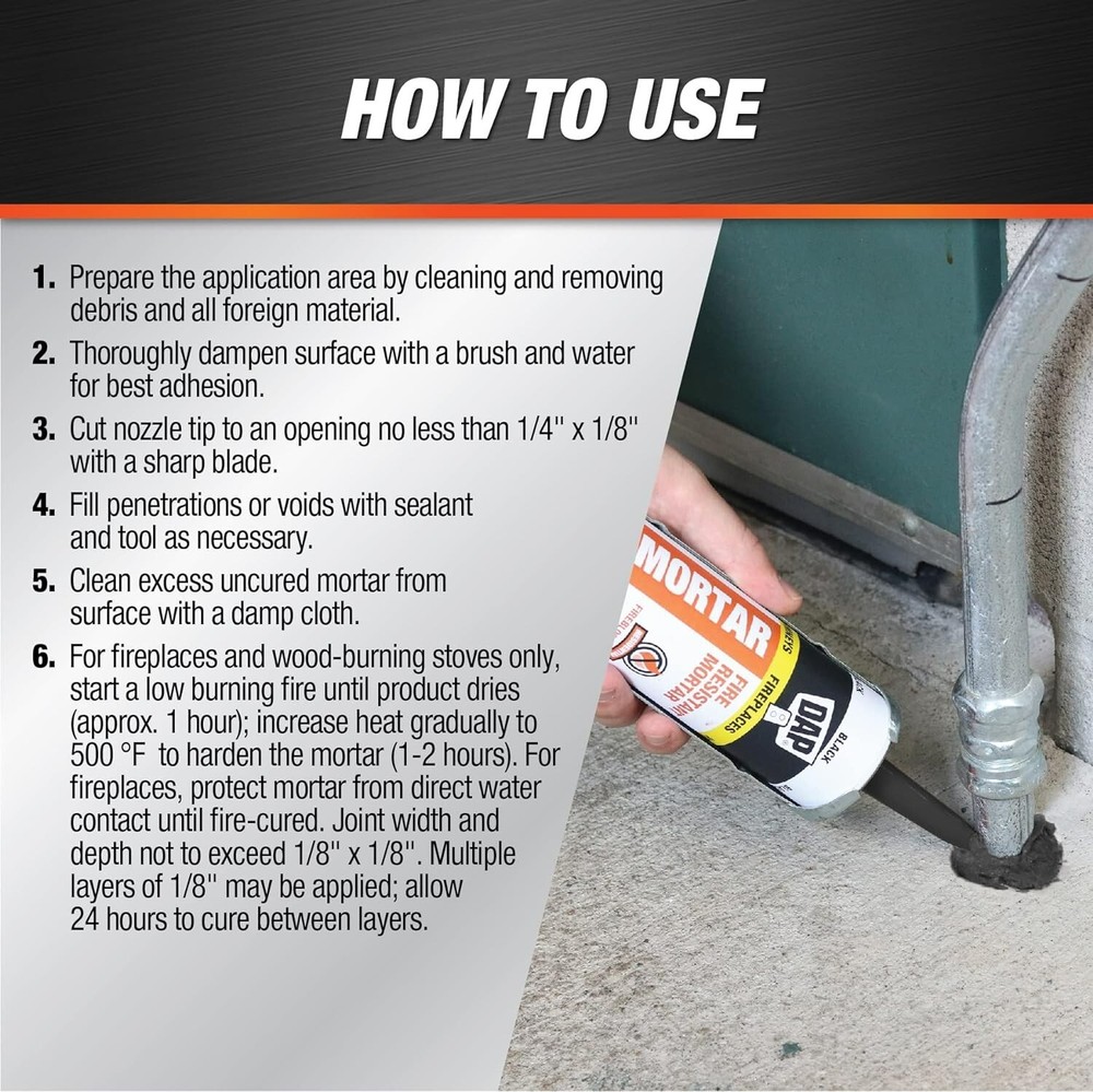 Waterproof Black Fire Stop Caulk - 10oz High Temp Mortar for Interior Use